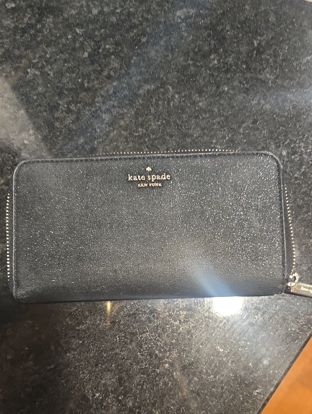 kate spade Black Glitter Zip Wallet with Gold Logo. Needs CLEANED